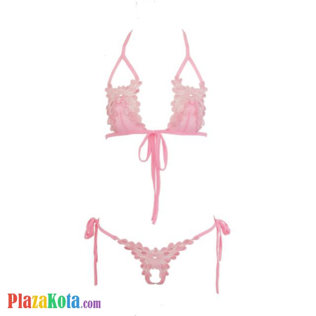 B108 - Pakaian Dalam Wanita Bra Set Bralette Seksi Halter Pink Crotchless Ikat Samping - Photo 1