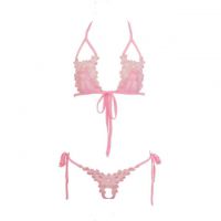 B108 - Pakaian Dalam Wanita Bra Set Bralette Seksi Halter Pink Crotchless Ikat Samping