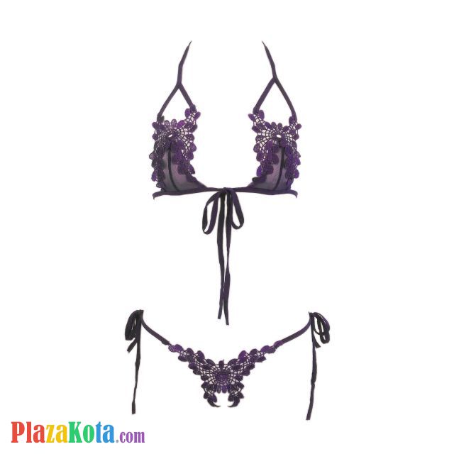 B109 - Pakaian Dalam Wanita Bra Set Bralette Seksi Halter Ungu Crotchless Ikat Samping - Photo 1
