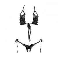 B110 - Pakaian Dalam Wanita Bra Set Bralette Seksi Halter Hitam Crotchless Ikat Samping