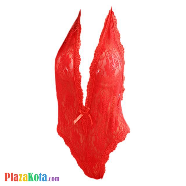 L0484 - Baju Tidur Dinas Malam Wanita Lingerie Teddy Bodysuit Seksi Halter Merah Transparan Belahan Dada Rendah - Photo 1