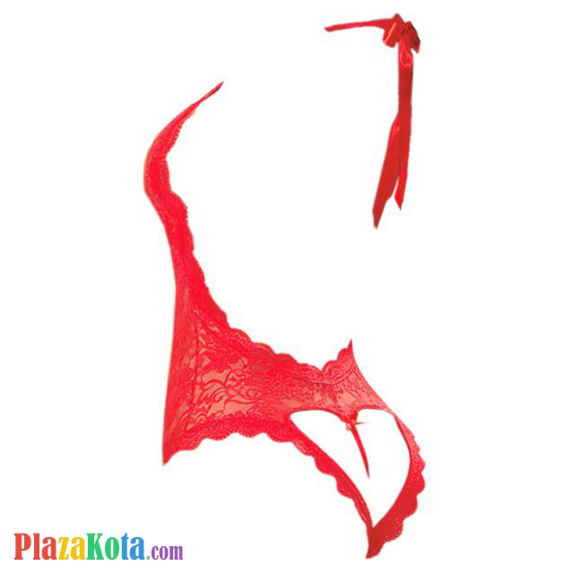 L0484 - Baju Tidur Dinas Malam Wanita Lingerie Teddy Bodysuit Seksi Halter Merah Transparan Belahan Dada Rendah - Photo 2