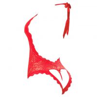 L0484 - Baju Tidur Dinas Malam Wanita Lingerie Teddy Bodysuit Seksi Halter Merah Transparan Belahan Dada Rendah - 2