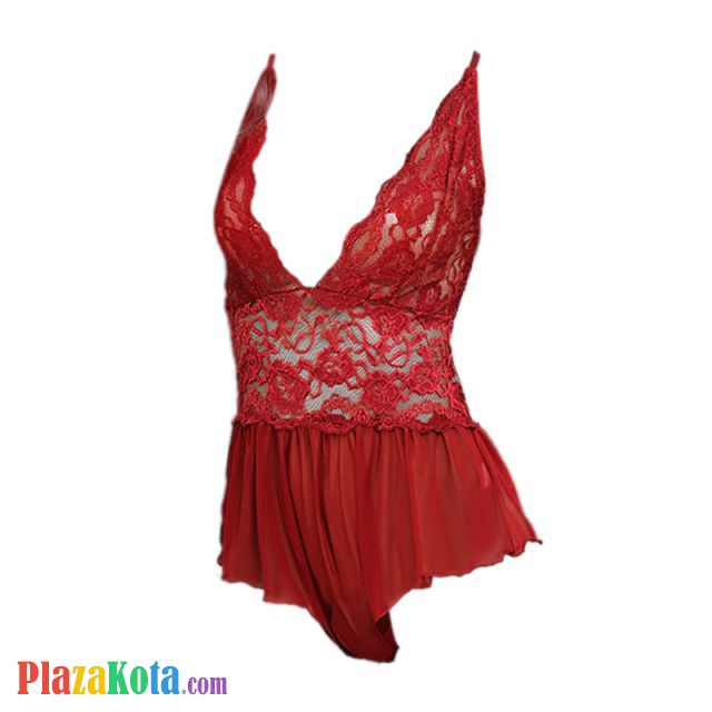 L0494 - Baju Tidur Dinas Malam Wanita Lingerie Teddy Bodysuit Seksi Tali Silang Marun Transparan - Photo 1