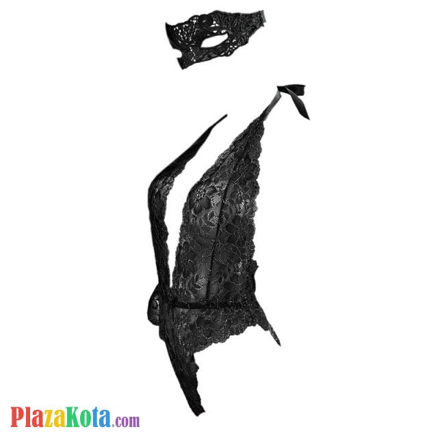 L0500 - Baju Tidur Dinas Malam Wanita Lingerie Teddy Bodysuit Seksi Halter Hitam Transparan Belahan Dada Rendah Topeng - Photo 1