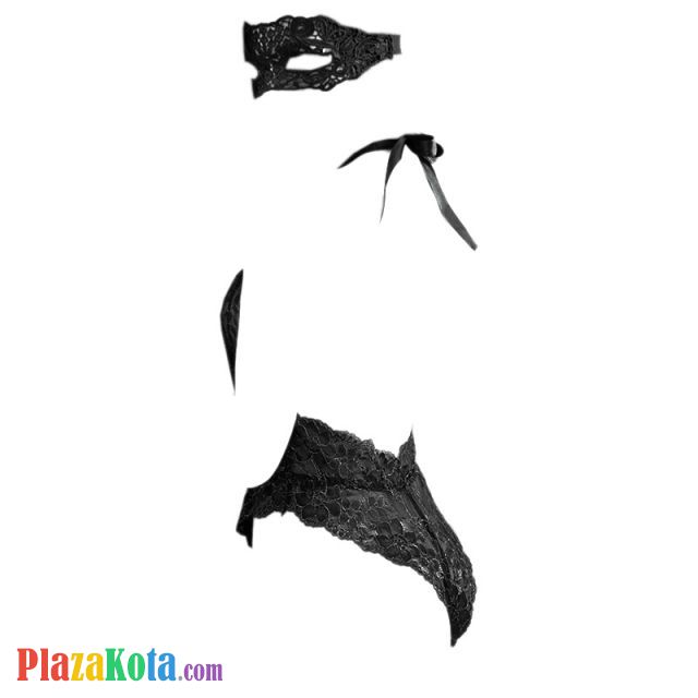 L0500 - Baju Tidur Dinas Malam Wanita Lingerie Teddy Bodysuit Seksi Halter Hitam Transparan Belahan Dada Rendah Topeng - Photo 2