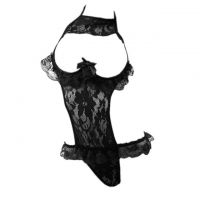 L0503 - Baju Tidur Dinas Malam Wanita Lingerie Teddy Bodysuit Seksi Halter Hitam Transparan Bra Kawat Open Cup