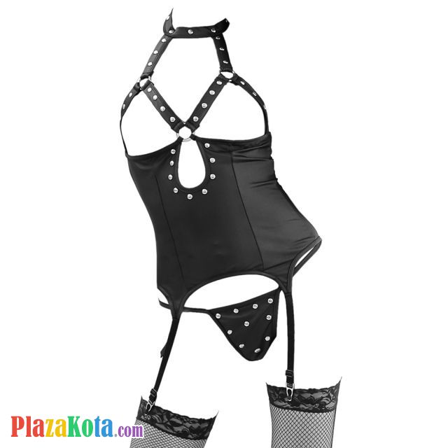 L0515 - Baju Tidur Dinas Malam Wanita Lingerie Set Stocking Seksi Halter Hitam Open Cup Garter Strap - Photo 1