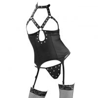 L0515 - Baju Tidur Dinas Malam Wanita Lingerie Set Stocking Seksi Halter Hitam Open Cup Garter Strap