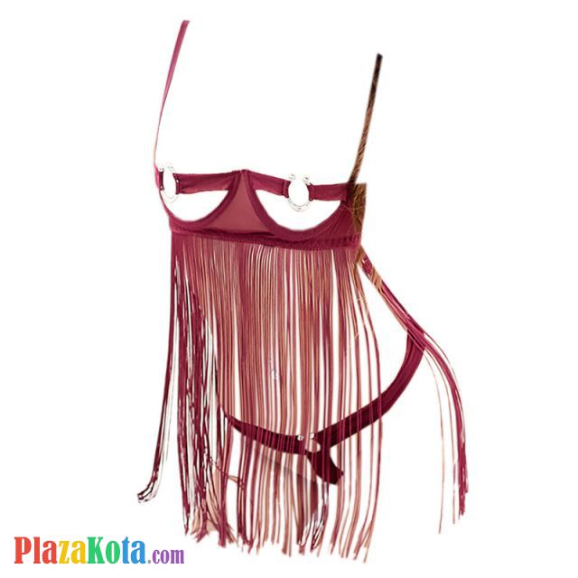 L0528 - Baju Tidur Dinas Malam Wanita Lingerie Babydoll Mini Dress Seksi Marun Bra Kawat Open Cup Rumbai - Photo 1