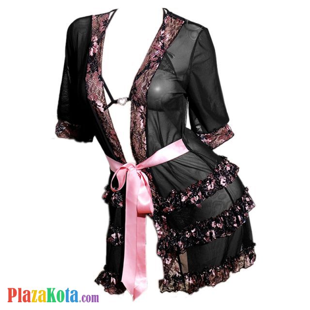 L0546 - Baju Tidur Dinas Malam Wanita Lingerie Kimono Jubah Seksi Hitam Transparan Lengan Pendek Bra Set Open Cup - Photo 1