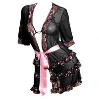 L0546 - Baju Tidur Dinas Malam Wanita Lingerie Kimono Jubah Seksi Hitam Transparan Lengan Pendek Bra Set Open Cup