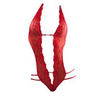 L0548 - Baju Tidur Dinas Malam Wanita Lingerie Teddy Bodysuit Seksi Halter Merah Transparan Belahan Dada Rendah