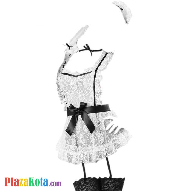 L0549 - Lingerie Costume Cosplay Seksi Tema Pelayan Maid Waitress Tali Silang Putih Transparan Bando Garter Stocking - Photo 1