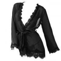 L0557 - Baju Tidur Dinas Malam Wanita Lingerie Kimono Jubah Seksi Hitam Transparan Lengan Panjang Ikat Pinggang