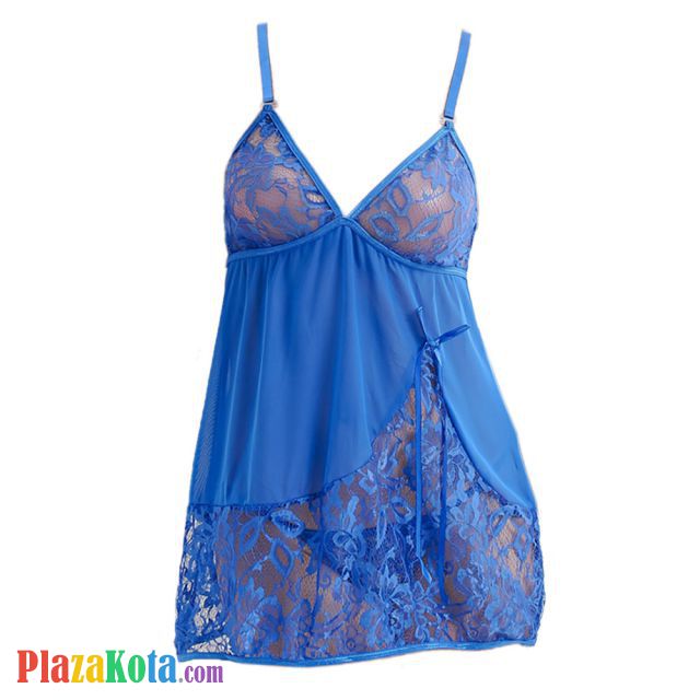 L0561 - Baju Tidur Dinas Malam Wanita Lingerie Mini Dress Gaun Pendek Seksi Asimetris Biru Transparan - Photo 1