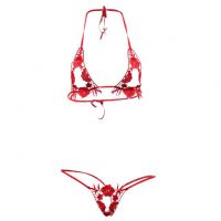 B139 - Pakaian Dalam Wanita Bra Set Bralette Seksi Halter Open Cup Merah Crotchless