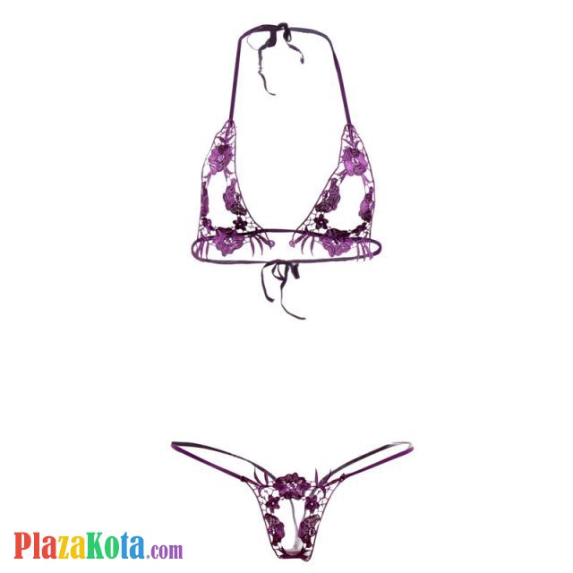 B141 - Pakaian Dalam Wanita Bra Set Bralette Seksi Halter Open Cup Ungu Crotchless - Photo 1