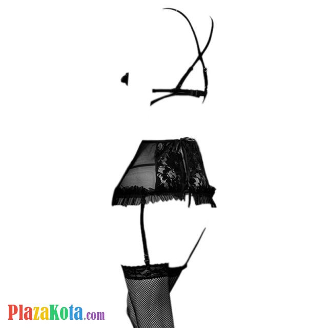 L0630 - Baju Tidur Dinas Malam Wanita Lingerie Set Stocking Seksi Tali Silang Hitam Transparan Bra Kawat Open Cup Garter - Photo 2