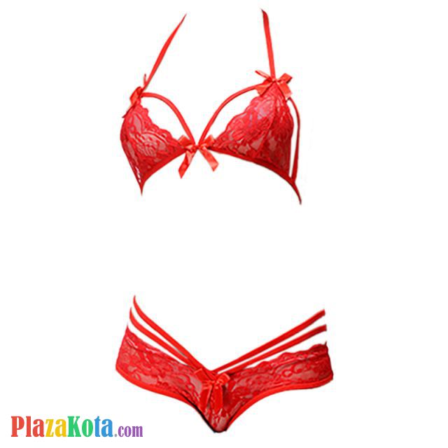 B147 - Pakaian Dalam Wanita Bra Set Bralette Seksi Halter Merah - Photo 1