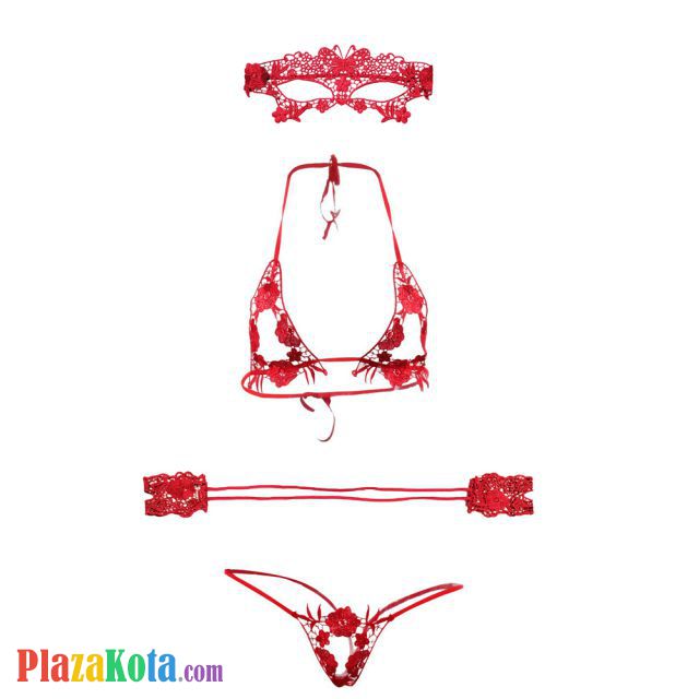 B162 - Pakaian Dalam Wanita Bra Set Bralette Seksi Halter Open Cup Merah Crotchless Penutup Mata Tali Ikat Tangan - Photo 1