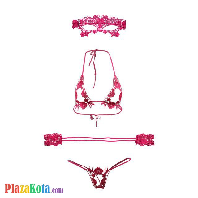 B163 - Pakaian Dalam Wanita Bra Set Bralette Seksi Halter Open Cup Magenta Crotchless Penutup Mata Tali Ikat Tangan - Photo 1