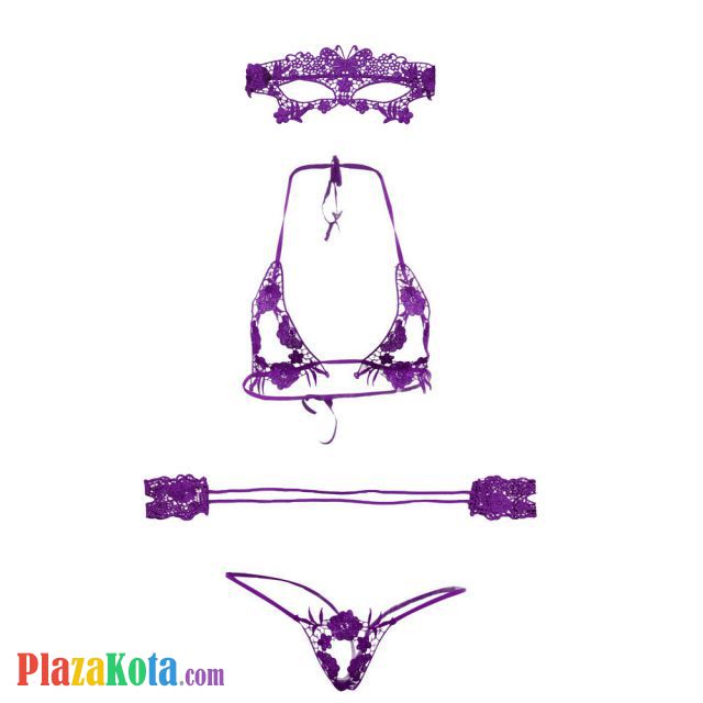 B165 - Pakaian Dalam Wanita Bra Set Bralette Seksi Halter Open Cup Ungu Crotchless Penutup Mata Tali Ikat Tangan - Photo 1