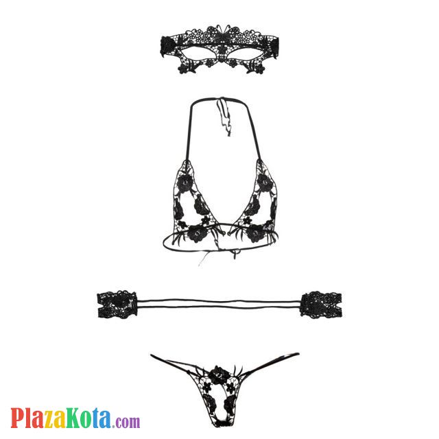 B166 - Pakaian Dalam Wanita Bra Set Bralette Seksi Halter Open Cup Hitam Crotchless Penutup Mata Tali Ikat Tangan - Photo 1