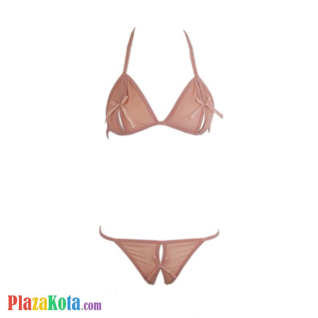 B009 - Pakaian Dalam Wanita Bra Set Bralette Seksi Halter Krem Transparan Crotchless - Photo 1