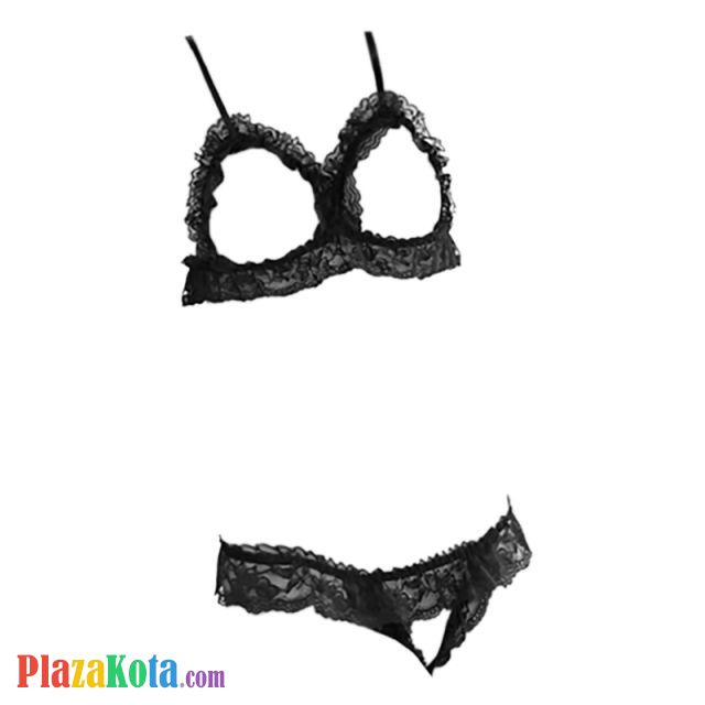 B016 - Pakaian Dalam Wanita Bra Set Bralette Seksi Open Cup Hitam Crotchless - Photo 1