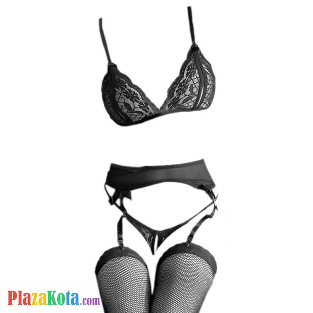 B047 - Pakaian Dalam Wanita Bra Set Bralette Seksi Hitam Transparan Crotchless Garter Belt Stocking - Photo 1