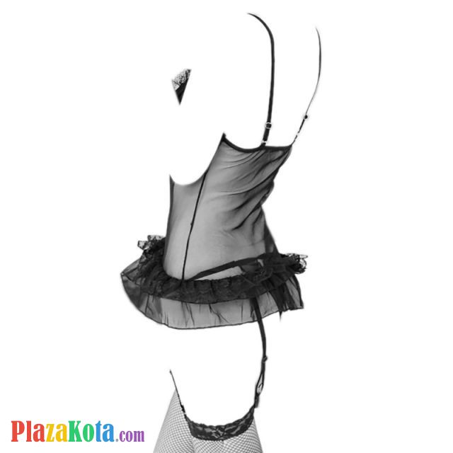 L0658 - Baju Tidur Dinas Malam Wanita Lingerie Set Stocking Seksi Hitam Transparan Crotchless Garter Strap - Photo 2