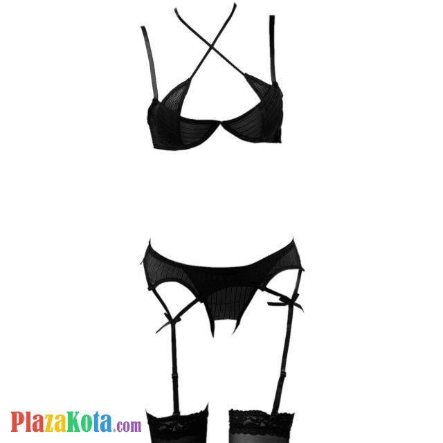 B171 - Pakaian Dalam Wanita Bra Set Kawat Underwire Seksi Hitam Crotchless Garter Belt Stocking - Photo 1