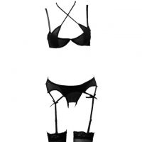 B171 - Pakaian Dalam Wanita Bra Set Kawat Underwire Seksi Hitam Crotchless Garter Belt Stocking