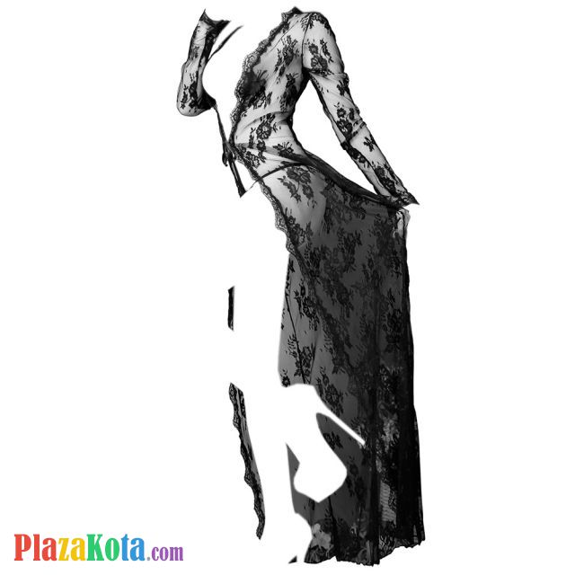 L0671 - Baju Tidur Dinas Malam Wanita Lingerie Kimono Jubah Seksi Hitam Transparan Lengan Panjang - Photo 1