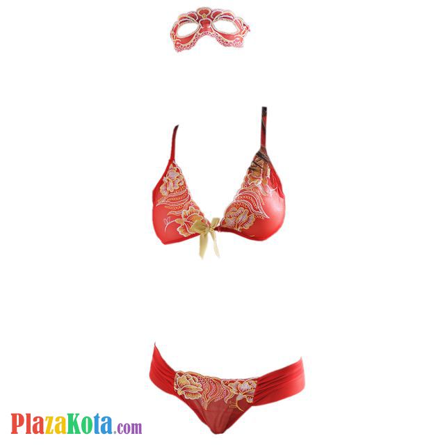 B219 - Pakaian Dalam Wanita Bra Set Bralette Seksi Merah Transparan Crotchless Topeng Wajah - Photo 1