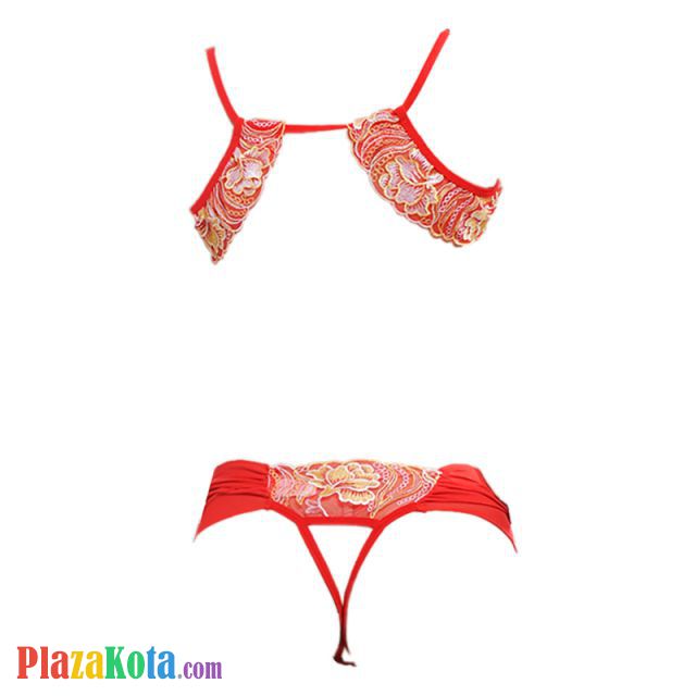 B219 - Pakaian Dalam Wanita Bra Set Bralette Seksi Merah Transparan Crotchless Topeng Wajah - Photo 2