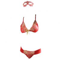 B219 - Pakaian Dalam Wanita Bra Set Bralette Seksi Merah Transparan Crotchless Topeng Wajah