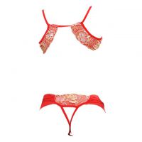 B219 - Pakaian Dalam Wanita Bra Set Bralette Seksi Merah Transparan Crotchless Topeng Wajah - 2