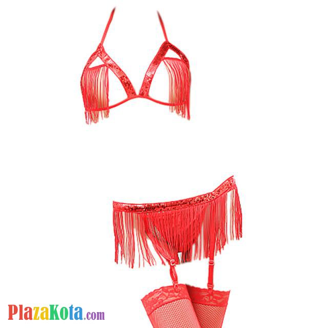 B226 - Pakaian Dalam Wanita Bra Set Bralette Seksi Halter Open Cup Merah Garter Belt Stocking - Photo 1