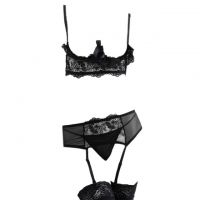 B227 - Pakaian Dalam Wanita Bra Set Kawat Underwire Seksi Open Cup Hitam Garter Belt Stocking