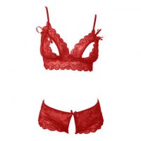 B229 - Pakaian Dalam Wanita Bra Set Bralette Seksi Merah Transparan Cup Openable Crotchless