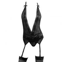 L0794 - Baju Tidur Dinas Malam Wanita Lingerie Set Stocking Seksi Tali Silang Hitam Transparan Garter Belt