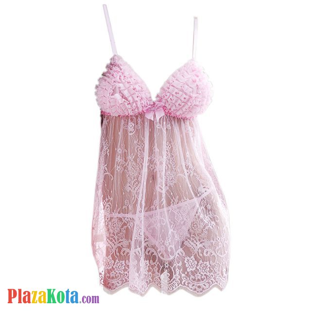 L0806 - Baju Tidur Dinas Malam Wanita Lingerie Mini Dress Gaun Pendek Seksi Pink Transparan - Photo 1
