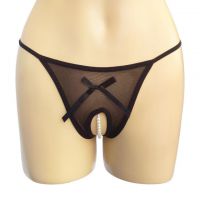 GS189 - Celana Dalam Wanita G-String Mutiara Seksi Crotchless Hitam Transparan Pita