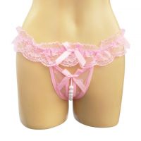 GS200 - Celana Dalam Wanita G-String Mutiara Seksi Crotchless Pink Transparan Pita