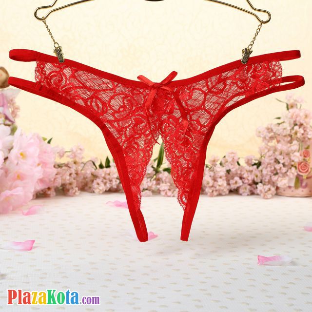 P355 - Celana Dalam Wanita Panties Thong Seksi Merah Transparan Crotchless - Photo 1