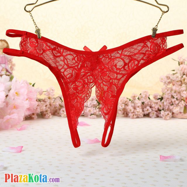 P355 - Celana Dalam Wanita Panties Thong Seksi Merah Transparan Crotchless - Photo 2