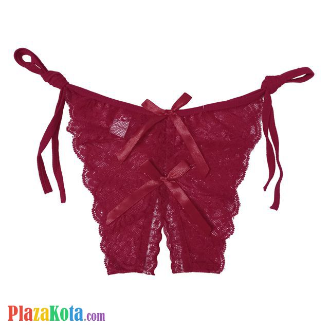 P387 - Celana Dalam Wanita Panties Thong Seksi Marun Transparan Ikat Samping Crotchless - Photo 1