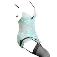 L0937 - Baju Tidur Dinas Malam Wanita Lingerie Set Stocking Seksi Hijau Transparan Bra Kawat Garter Strap